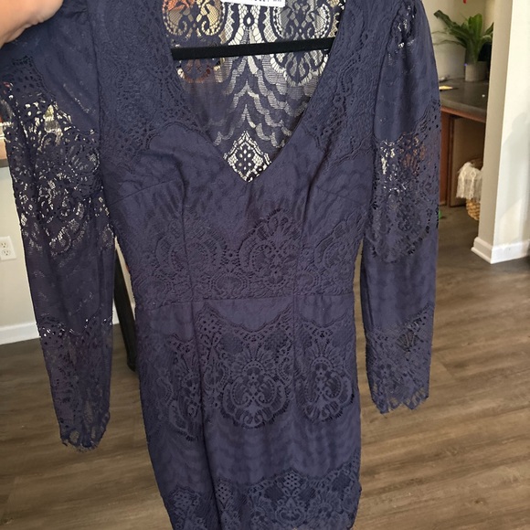 Hello Molly Navy Blue Open Back Lace Long Sleeve Mini Dress - Picture 3 of 5